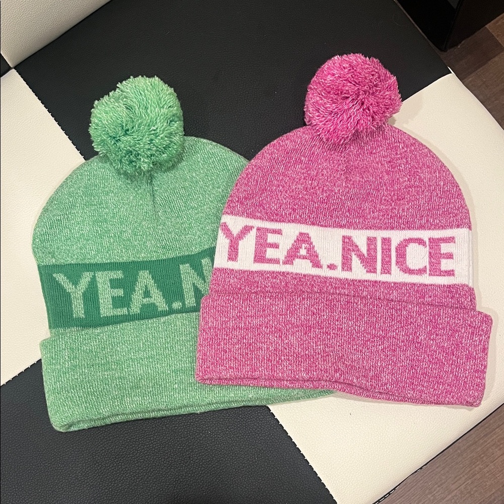 Green and Pink YEA.NICE Beanies